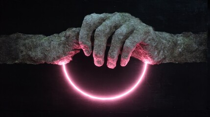 Aged hands grasp a glowing pink neon circle against a dark backdrop abstract