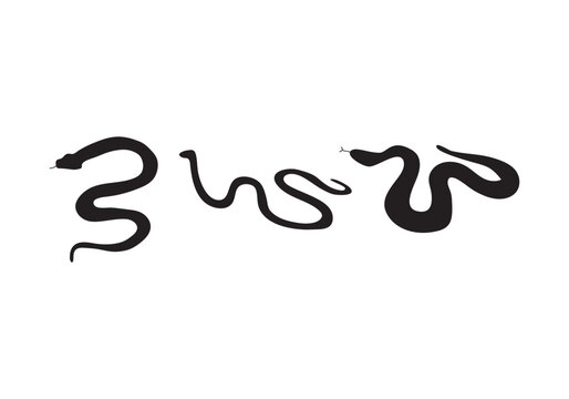  set of snakes silhouette. Snake wrapped around the crescent moon. Boho modern hand drawn design elements for logo design