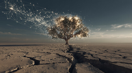A tree is surrounded by a field of dirt and rocks. The tree is surrounded by a lot of stars, which gives the image a dreamy and ethereal quality