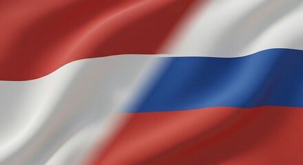 Fototapeta premium The national flags of Indonesia and Russia waving together, a 3D rendered illustration symbolizing bilateral relations and national pride.