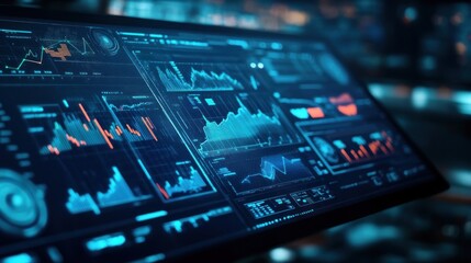 Futuristic touchscreen filled with dynamic data charts and graphs electronics hardware monitor.