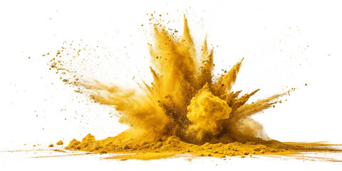 A vibrant yellow powder explosion isolated on transparent background, creating a dynamic burst of energy and texture for artistic and graphic design applications