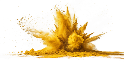 A vibrant yellow powder explosion isolated on transparent background, creating a dynamic burst of energy and texture for artistic and graphic design applications