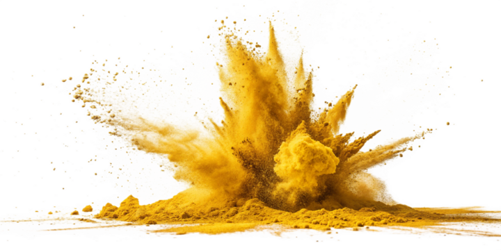 A vibrant yellow powder explosion isolated on transparent background, creating a dynamic burst of energy and texture for artistic and graphic design applications