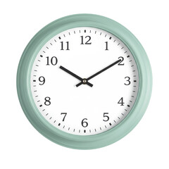 A classic wall clock with a mint green frame displaying time in a minimalist style