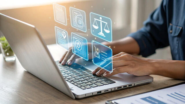 A person is working on a laptop with legal and compliance icons, representing justice, data protection, and secure online documentation for business and legal services