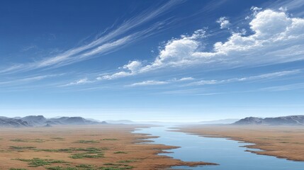 Wide desert river landscape with distant mountains under a vast blue sky with clouds