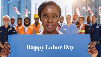 Celebrating Labor Day: Diverse Group of Workers Holding a Sign in a Cityscape, Representing Professions and Labor Force for Business, Marketing and Advertising