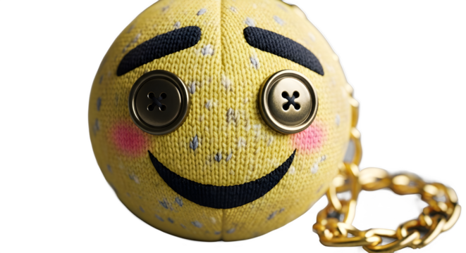 Smiling yellow emoji character charm with button eyes and golden chain on white background