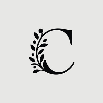 Elegant Letter C Monogram with Floral Branch Decoration in Black