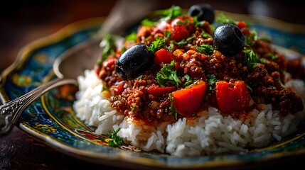 Cuban Picadillo Served on White Rice with Black Olives and Fresh Herbs perfect for culinary blogs, traditional recipe features, food delivery ads and Latin American cuisine promotions