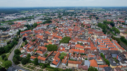 Aerial view around the old town in the city Offenburg on an sunny spring day	