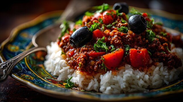 Cuban Picadillo Served on White Rice with Black Olives and Fresh Herbs perfect for culinary blogs, traditional recipe features, food delivery ads and Latin American cuisine promotions