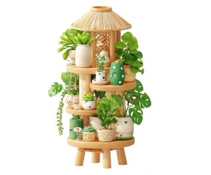 Wooden tiered plant stand filled with various potted green houseplants isolated on transparent background