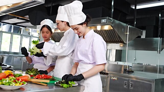 Female chef teaches cooking to two teenage girls, learning how to select vegetables, preserve food and cook, everyone wears black gloves in cooking class.