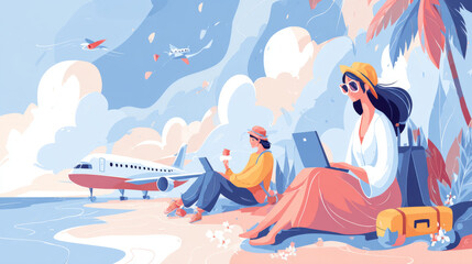 Illustrated travelers work while on holiday, depicting the balance of productivity and leisure in a digital nomad lifestyle