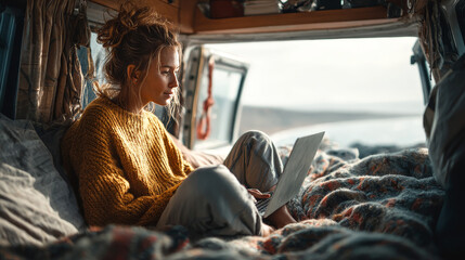 Inside a camper van, a woman uses her laptop while enjoying travel and remote work flexibility