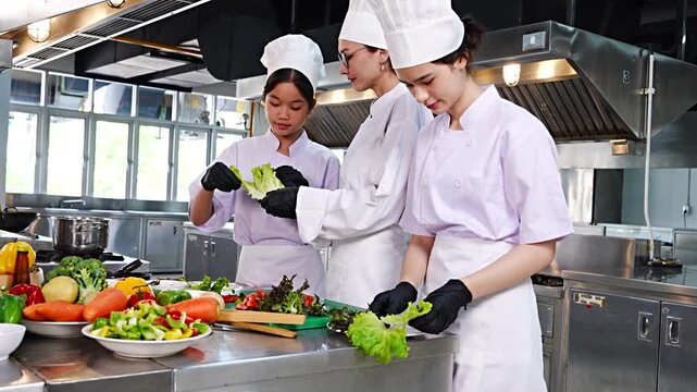 Female chef teaches cooking to two teenage girls, learning how to select vegetables, preserve food and cook, everyone wears black gloves in cooking class.