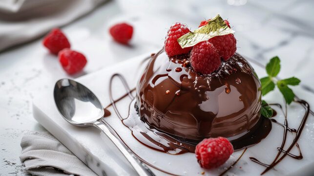 Elegant Chocolate Mousse Dessert with Gold Leaf and Raspberries