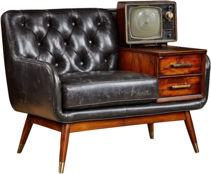 Vintage chesterfield leather armchair with built in mid century side table and television isolated on transparent background