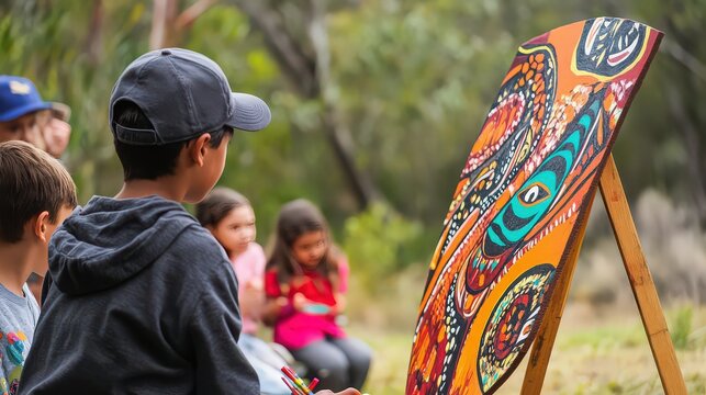 Children observe aboriginal artwork on easel outdoors in natural light blurred background art education