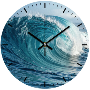 A stunning close-up of a large ocean wave crashing against the shore at sunset, with a clock design