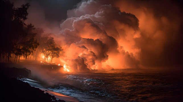 Dramatic nighttime volcanic eruption on the coast, lava meets the sea