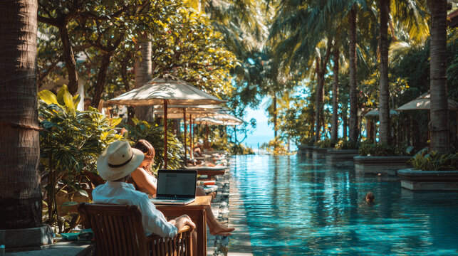 In Thailand, a freelancer works near a pool while a companion relaxes, blending serenity and productivity