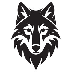 Fototapeta premium Stylized black wolf head emblem with fierce eyes and jagged mane against a white background