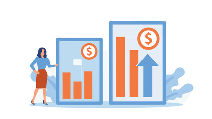 Obraz premium Woman presenting financial growth charts with dollar signs and an upward blue arrow shown here