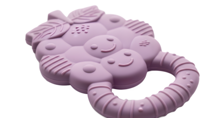 Purple grape shaped baby teether on white background
