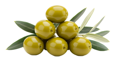 A close-up studio shot features three green olives stacked on top of each other, accented by a small olive branch with leaves.
