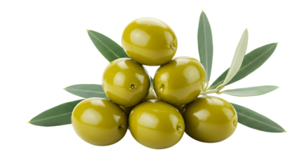A close-up studio shot features three green olives stacked on top of each other, accented by a small olive branch with leaves.