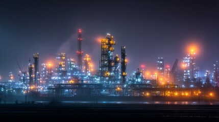 Fototapeta premium Night-Time Industrial Complex: Refinery Illumination and Structures