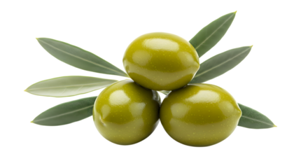 A close-up studio shot features three green olives stacked on top of each other, accented by a small olive branch with leaves.