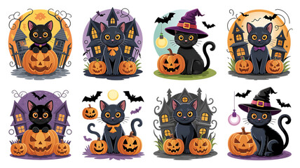 Cute Halloween Black Cats with Pumpkins and Haunted Houses Set