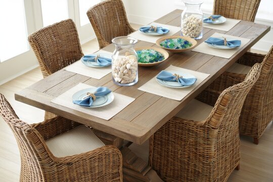 Rustic Coastal Dining Room Set with Woven Chairs and Tableware