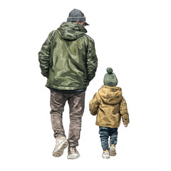 Father and child walking together wearing winter coats and hats isolated on transparent background