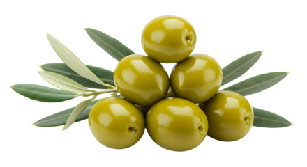 A close-up studio shot features three green olives stacked on top of each other, accented by a small olive branch with leaves.