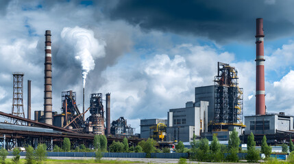 Naklejka premium Industrial complex emitting pollutants into the atmosphere with smokestacks in frame