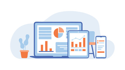 Illustration of laptop tablet and smartphone displaying charts and data visualization elements shown together