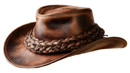 Stylish and practical cowboy hat made of brown leather with plaited leather band as ornamentation on transparent background