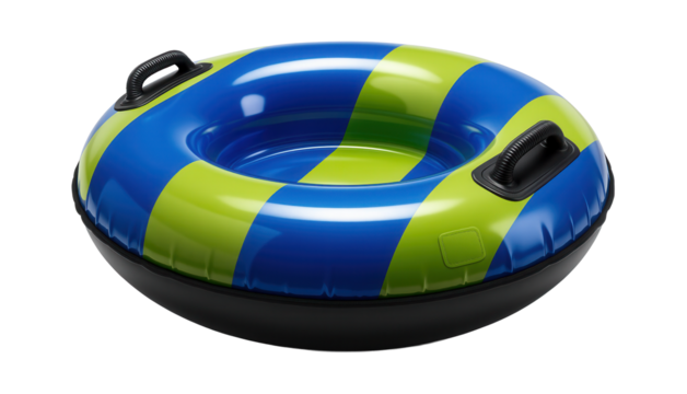 Striped inflatable snow tube with a heavy-duty bottom and a repair patch included