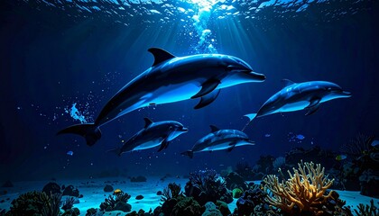  in the deep clear blue water, from far away there is dolphin swim