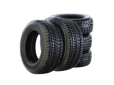 Stack of four new all terrain vehicle tires isolated on transparent background