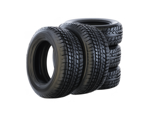 Stack of four new all terrain vehicle tires isolated on transparent background