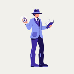 Man Holding Compass and Book Wearing Blue Suit and Boots Illustration