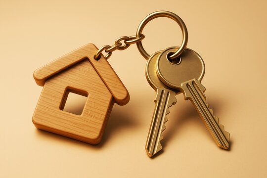 Wooden house keychain with metallic keys on ring placed on light brown background, symbolizing real estate ownership and home security concept. - Powered by Adobe