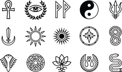 Collection of esoteric symbols and mystical icons silhouette