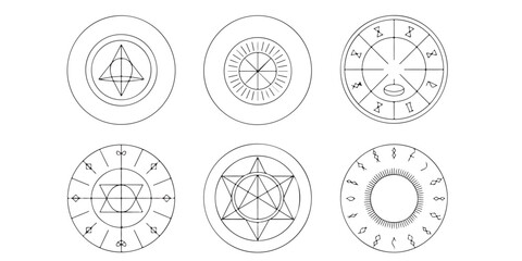 A collection of six circular designs featuring geometric shapes and symbolic line art on a white background